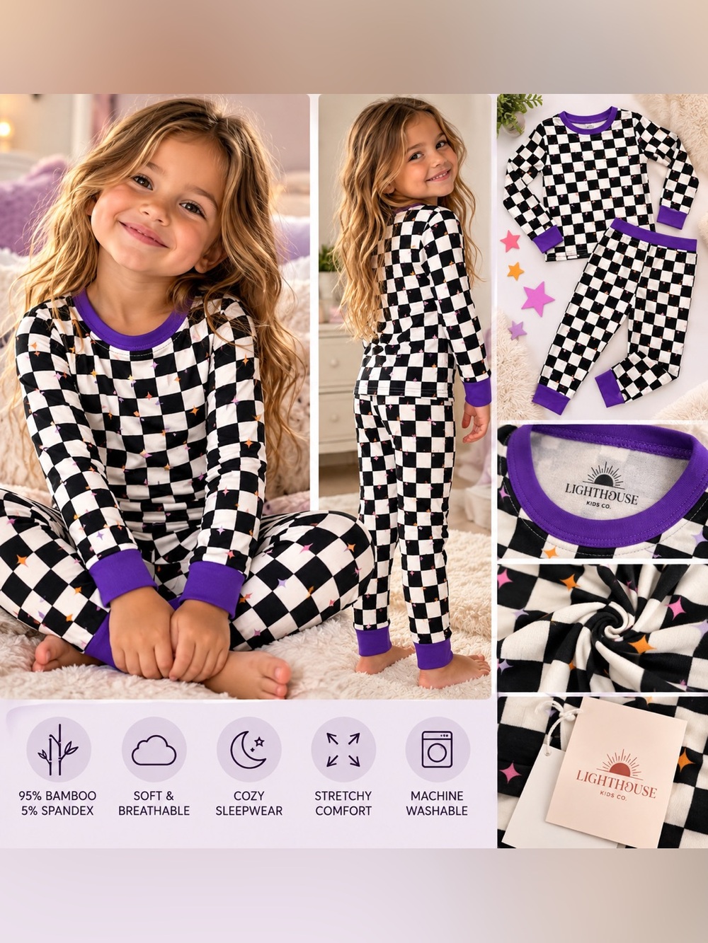 Lighthouse Kids Black & White Checkered Pajama Set with Purple Trim